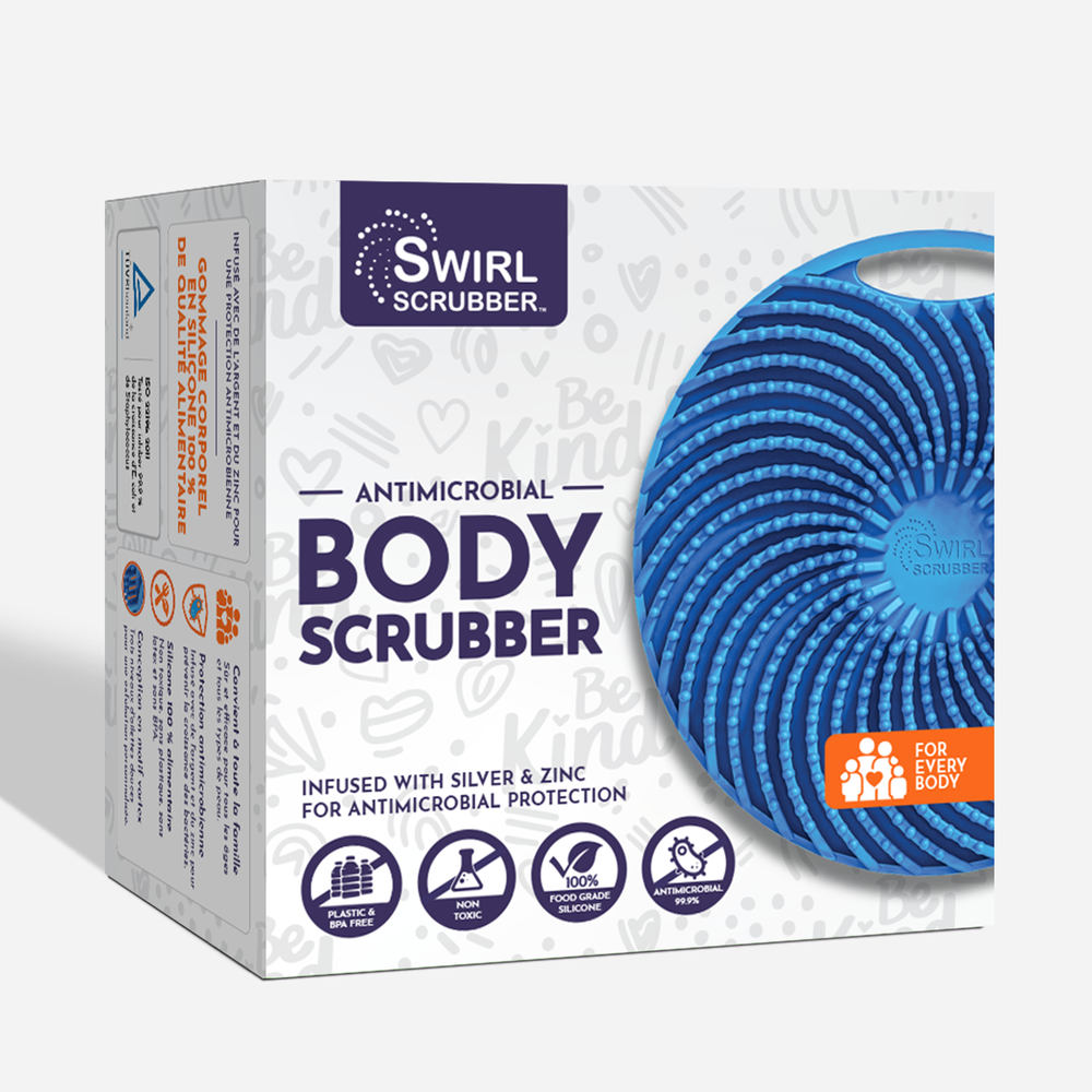 Silver and zinc infused silicone body scrubber with three-level fins